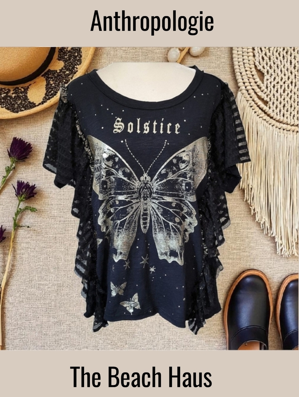 Anthropologie Pilcro Solstice Butterfly Tee Black Gold Lace Flutter Sleeve S - Picture 4 of 15